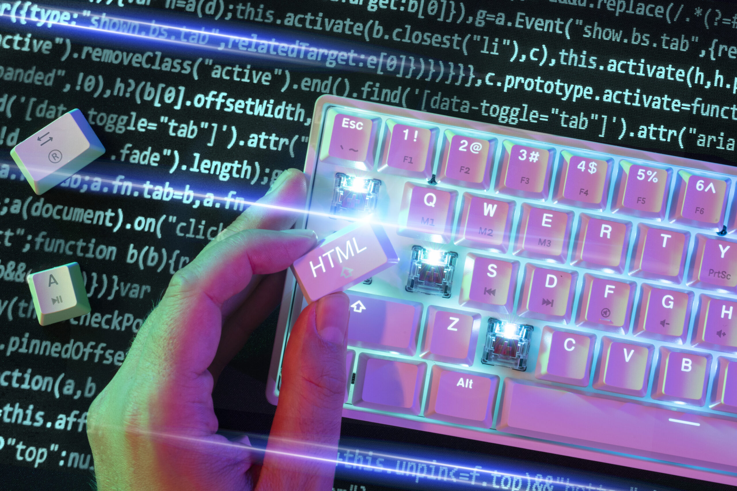 A person typing on a keyboard, writing computer code.