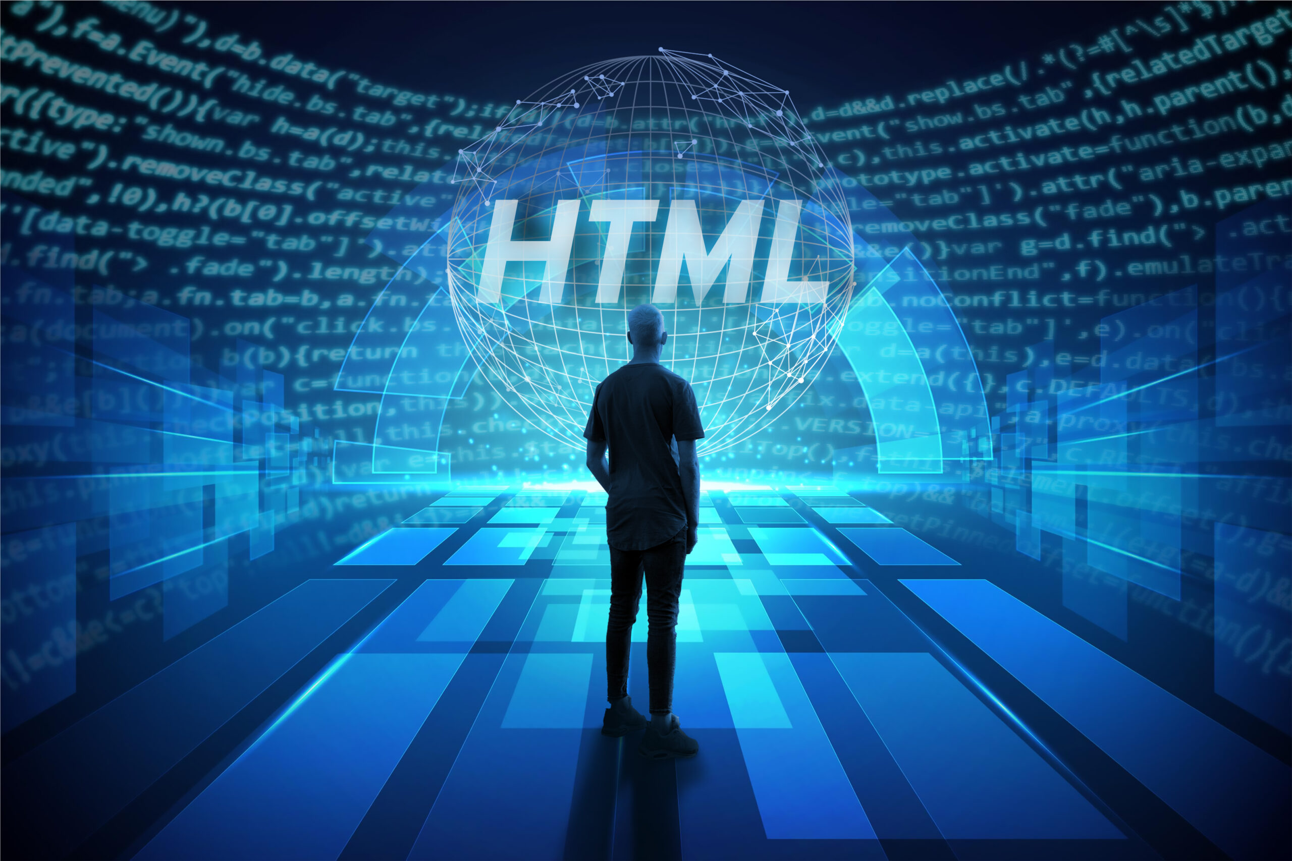 The image shows a computer screen displaying HTML code, representing the most popular web development language.