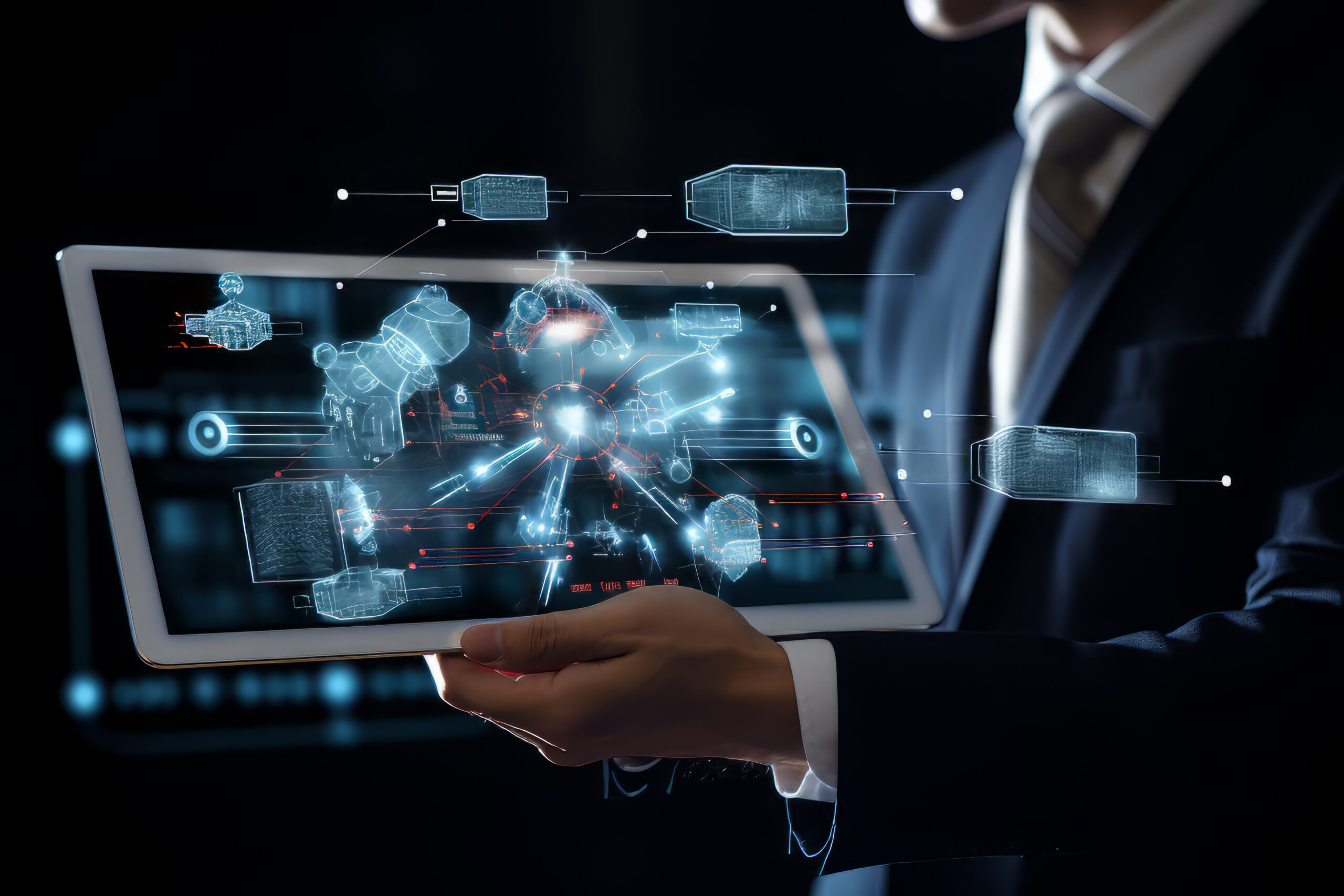 A businessman holding a tablet displaying a futuristic interface in a stock photo.